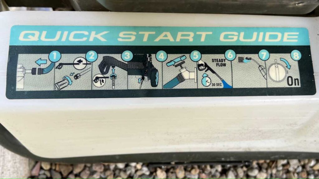 Close up of the Greenworks GPW2000 quick start diagram on the front of the unit.